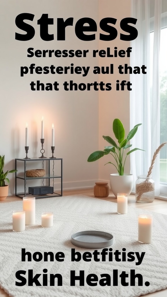 A tranquil indoor setting featuring candles and plants, promoting stress relief and skin health.