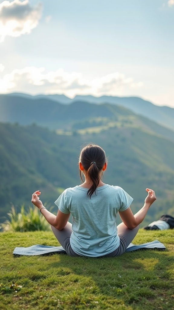 A person meditating outdoors on a mat, surrounded by mountains and greenery, promoting relaxation and stress management.