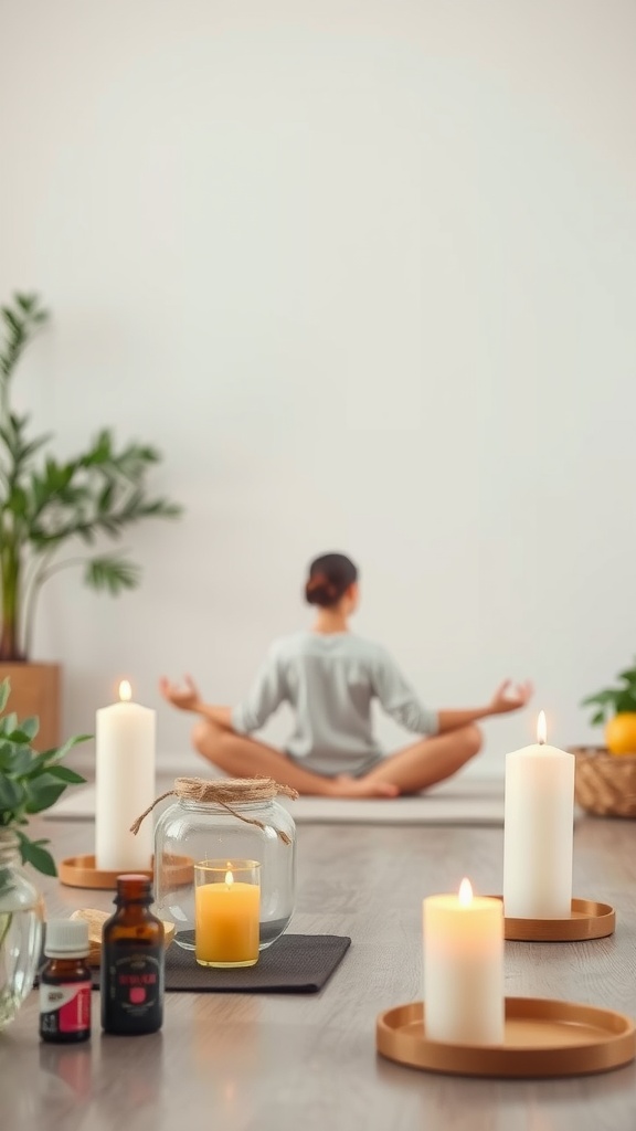 A peaceful meditation space with candles and essential oils, promoting stress reduction.