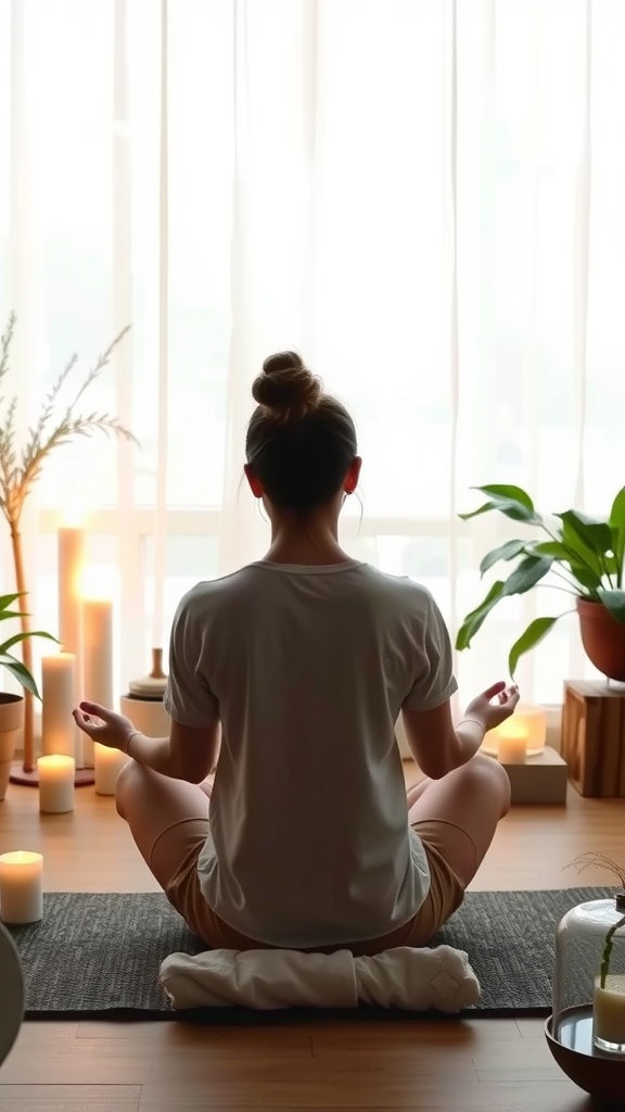 A person meditating in a calm setting surrounded by candles and plants, focusing on relaxation.