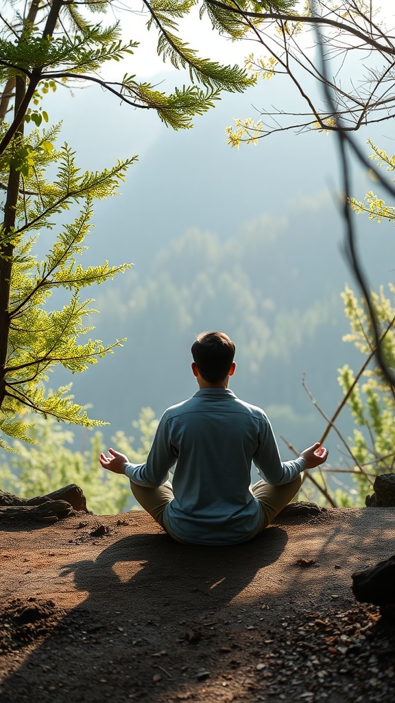 A person meditating in nature, surrounded by trees and mountains, promoting stress reduction.