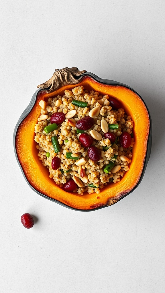 Stuffed acorn squash filled with quinoa, cranberries, and nuts.