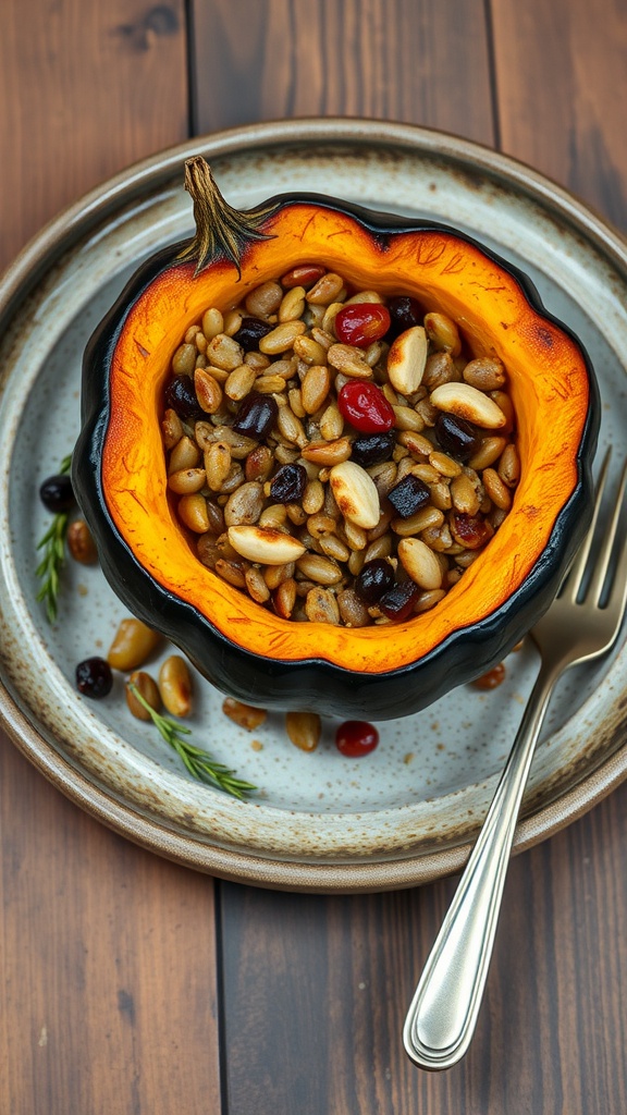 Stuffed acorn squash with grains and nuts on a plate