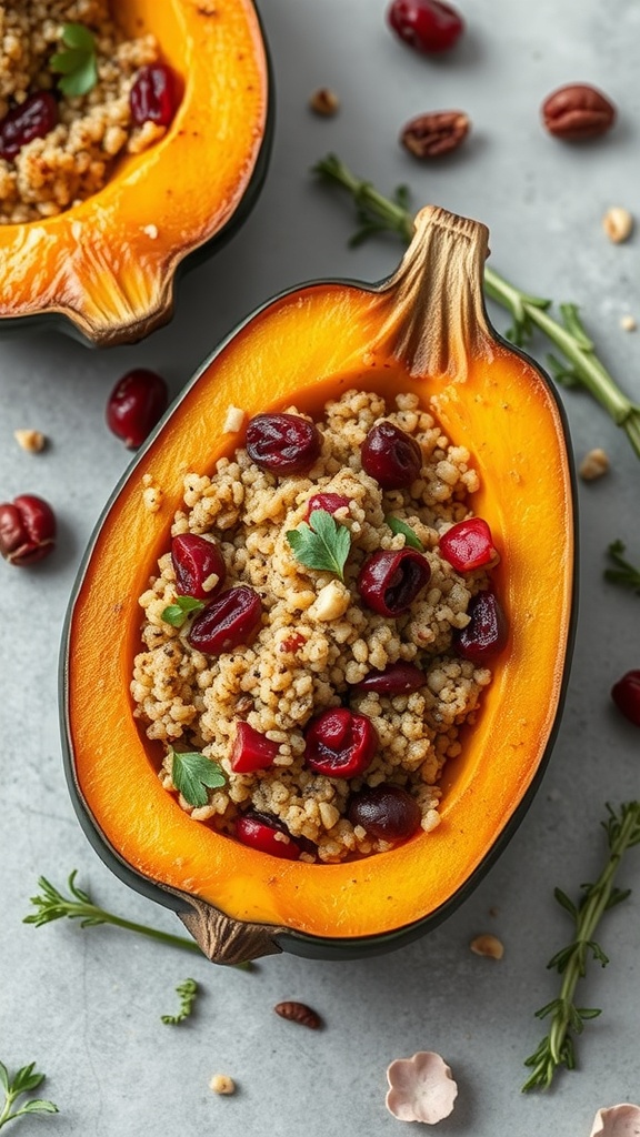 Stuffed acorn squash filled with quinoa, cranberries, and nuts, garnished with parsley.