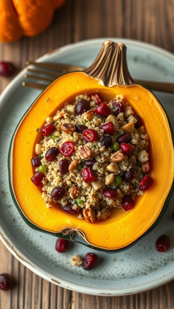 Stuffed acorn squash filled with quinoa, nuts, and cranberries on a plate