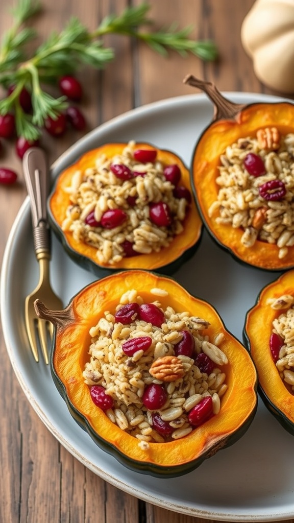 Stuffed acorn squash halves filled with wild rice, cranberries, and nuts on a plate.