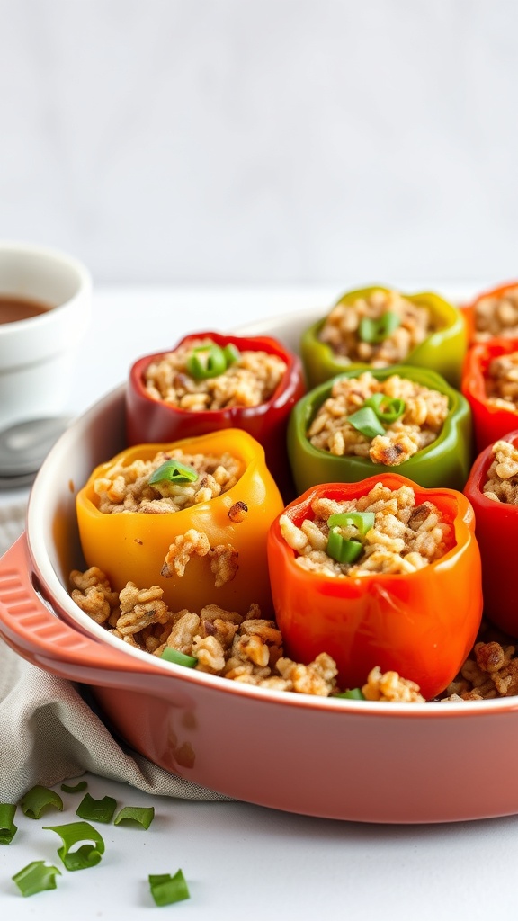A colorful stuffed bell pepper casserole with red, yellow, and green peppers filled with rice and meat, topped with cheese.