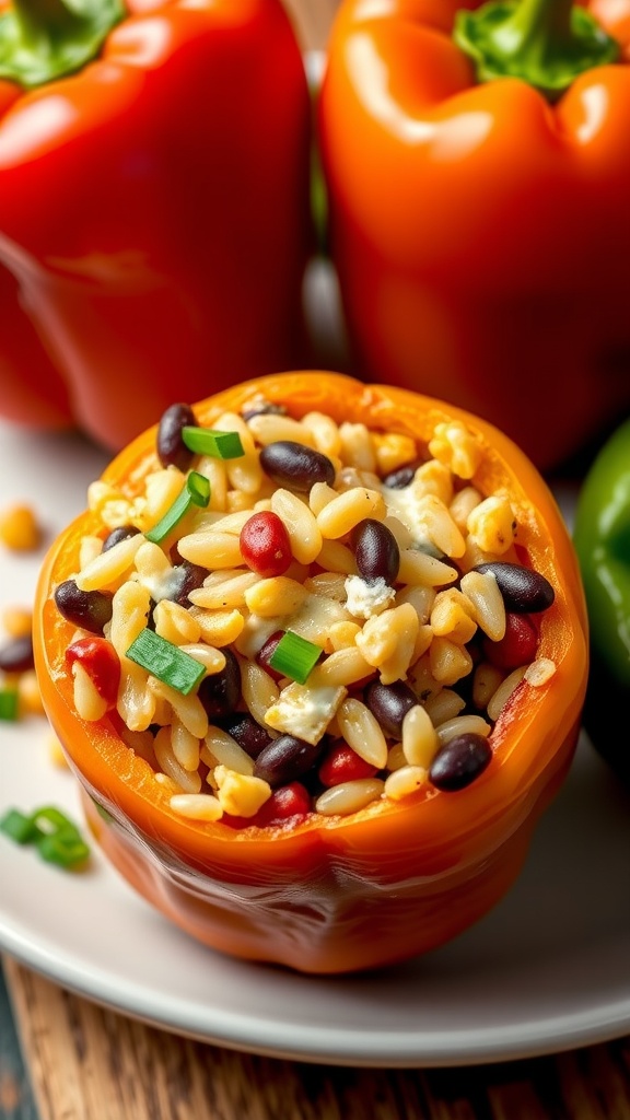 Stuffed bell pepper filled with rice, beans, and topped with green onions.