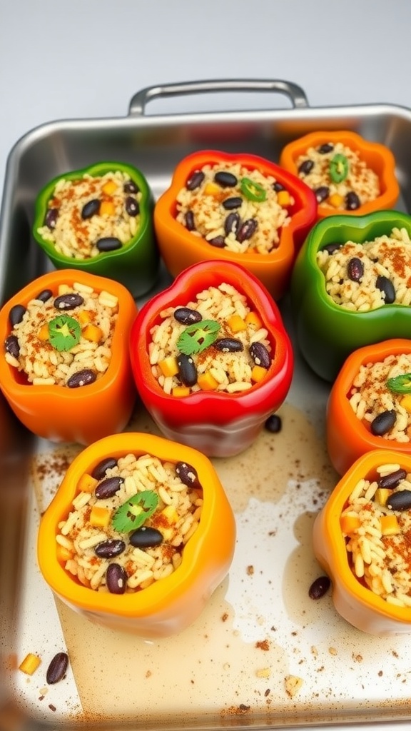 Delicious stuffed bell peppers filled with rice, beans, and spices.