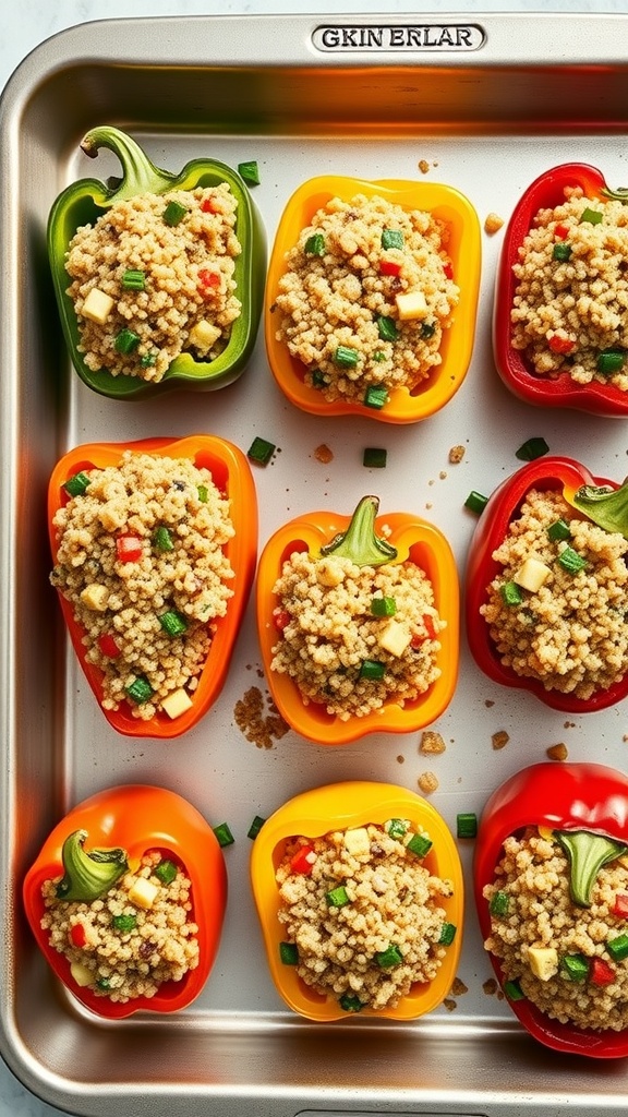 Colorful stuffed bell peppers filled with a mixture of grains and vegetables.