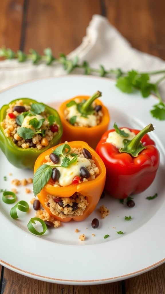 Colorful stuffed bell peppers filled with quinoa, black beans, and topped with cheese.