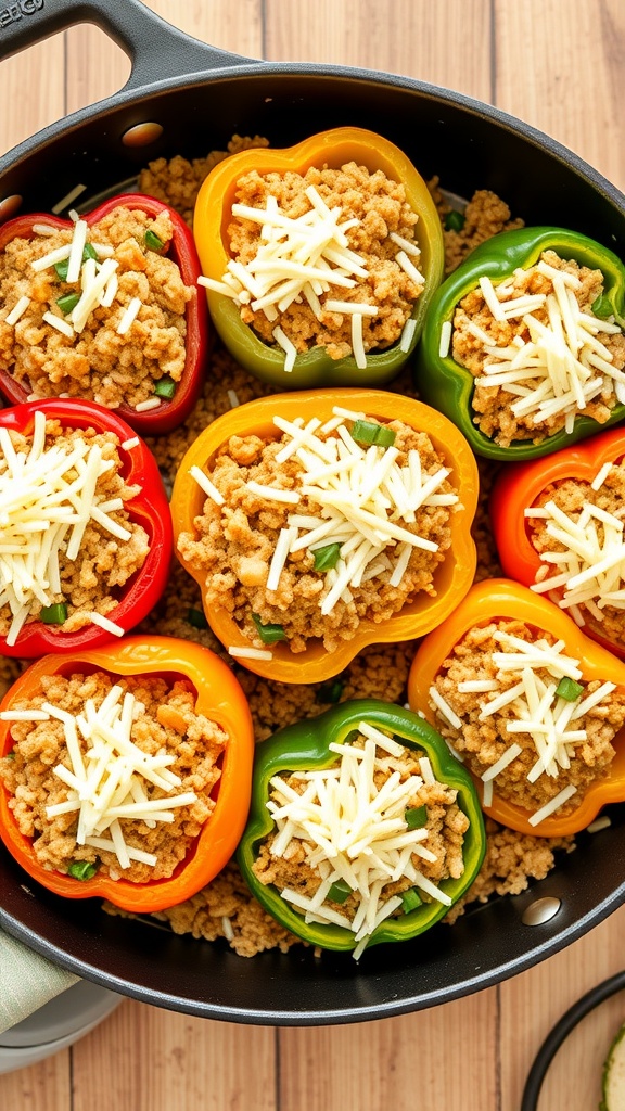 A colorful assortment of stuffed bell peppers in a pan, filled with a savory mixture and topped with cheese.