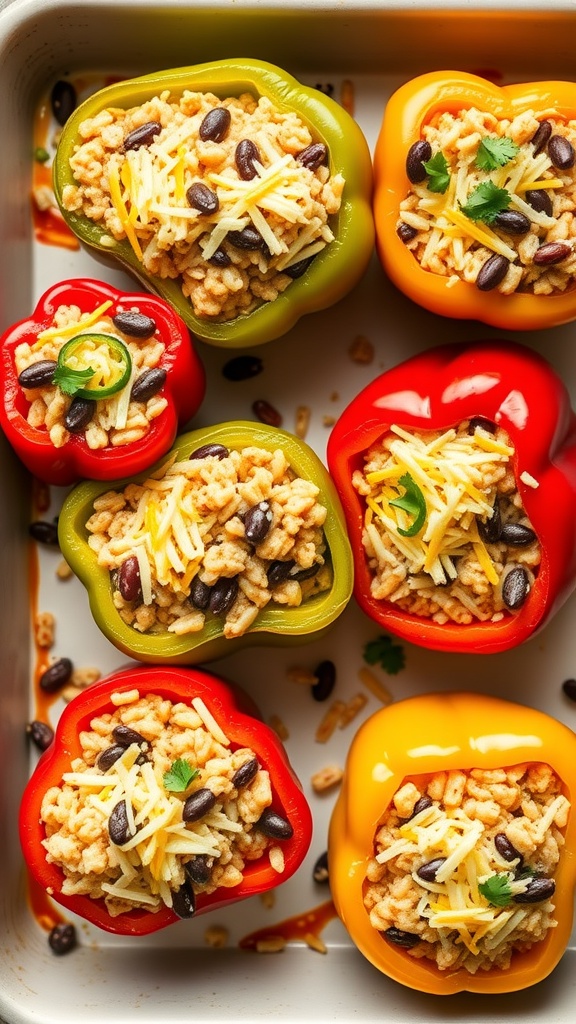Colorful stuffed bell peppers filled with rice, beans, and cheese, arranged in a baking dish.