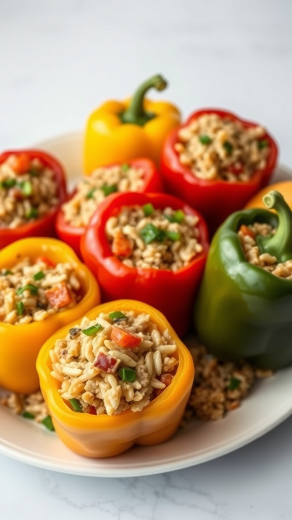 A plate of colorful stuffed bell peppers filled with rice and meat.