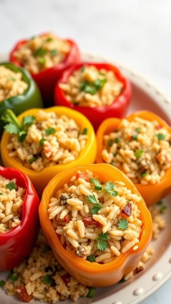 Colorful stuffed bell peppers filled with rice and meat, garnished with herbs.