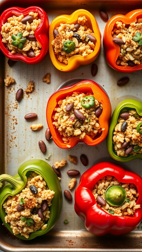 Colorful stuffed bell peppers filled with rice and beans on a baking tray.