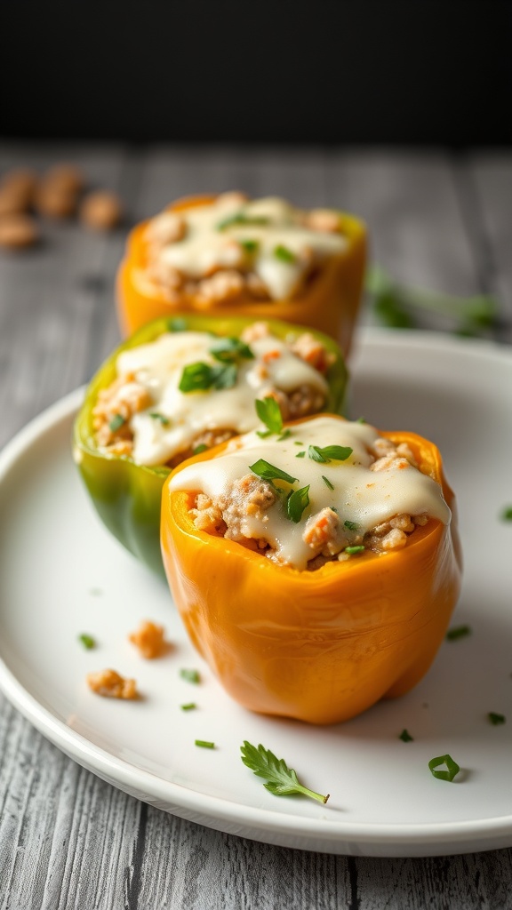 Stuffed bell peppers filled with rice, ground meat, and topped with melted cheese on a plate.