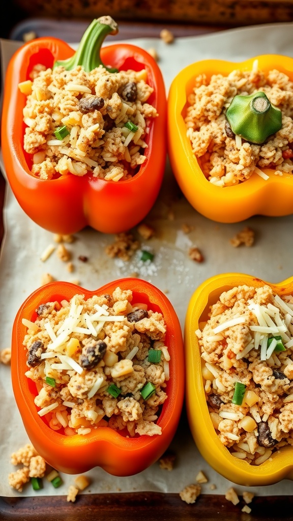 Colorful stuffed bell peppers filled with a savory mixture.