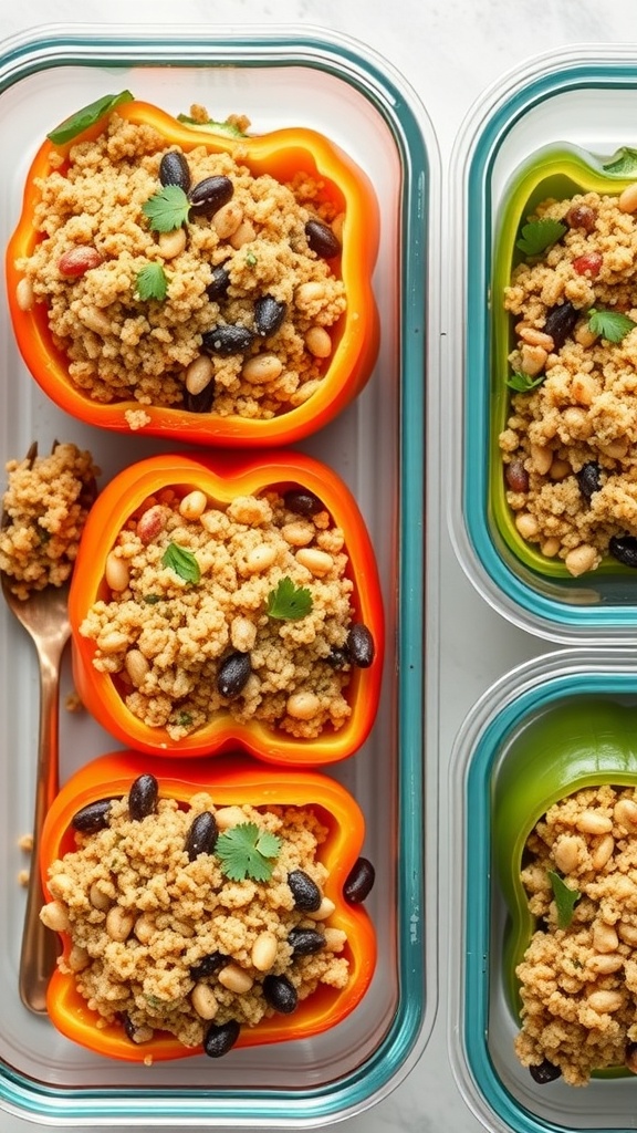 Colorful stuffed bell peppers filled with a mixture of quinoa, beans, and corn, ready for meal prep.