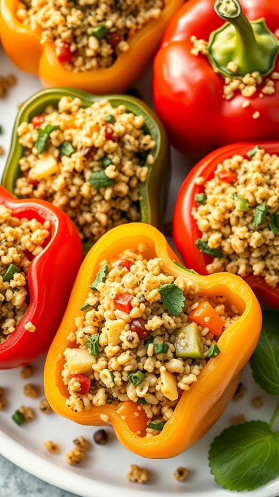Colorful stuffed bell peppers filled with grains and vegetables