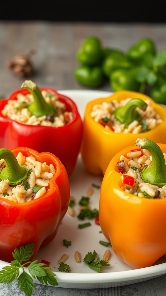 Colorful stuffed bell peppers filled with rice and beans on a plate.