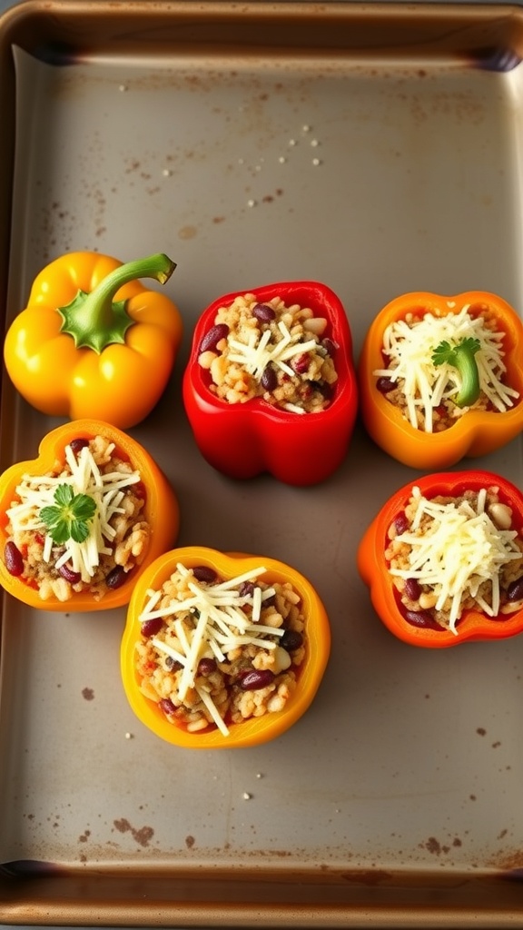 Colorful stuffed bell peppers filled with rice, beans, and cheese on a baking tray.