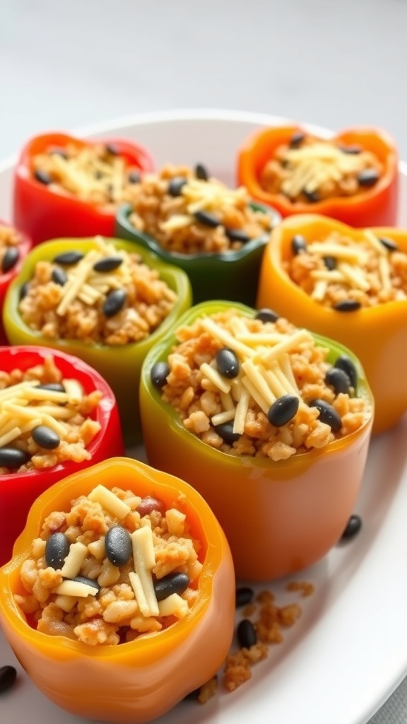 Colorful stuffed bell peppers filled with rice, beans, and cheese.
