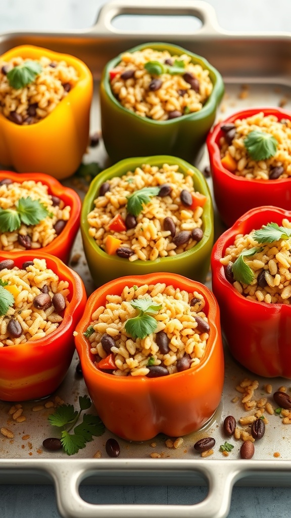 Colorful stuffed bell peppers filled with rice and beans