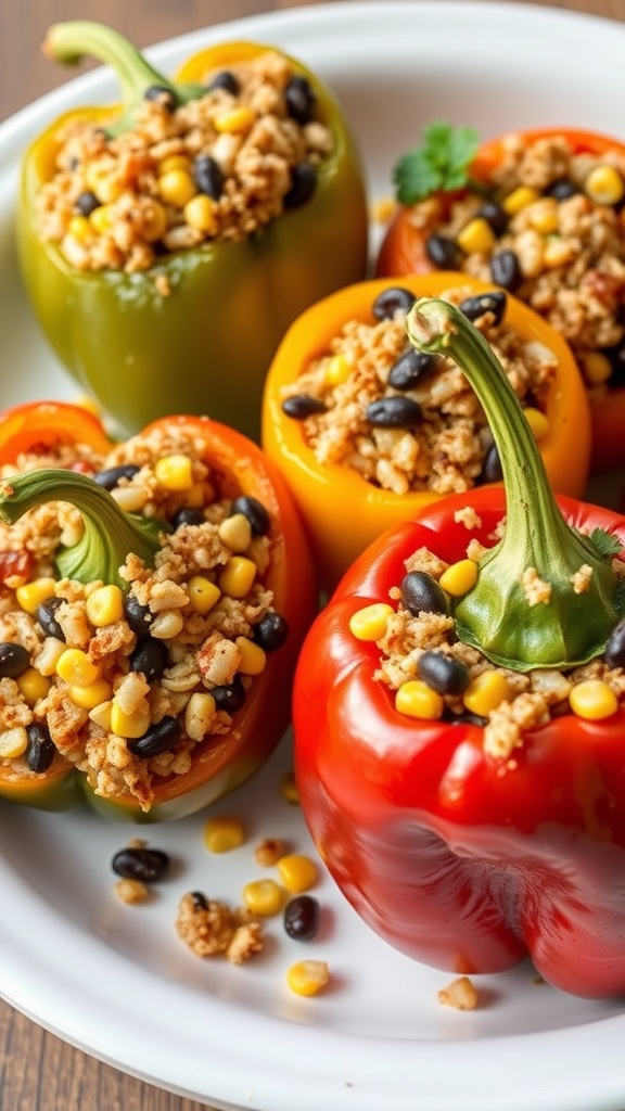 Colorful stuffed bell peppers filled with grains, beans, and corn on a white plate.