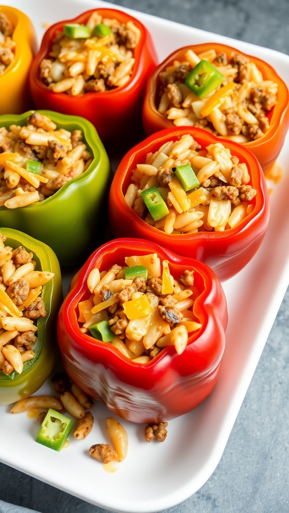Stuffed bell peppers filled with meat, rice, and cheese