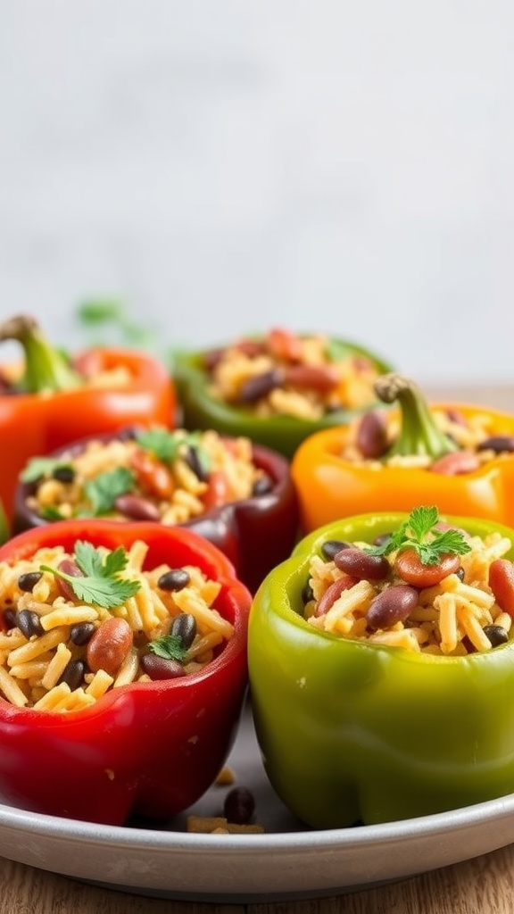 Colorful stuffed bell peppers filled with rice, beans, and cheese.