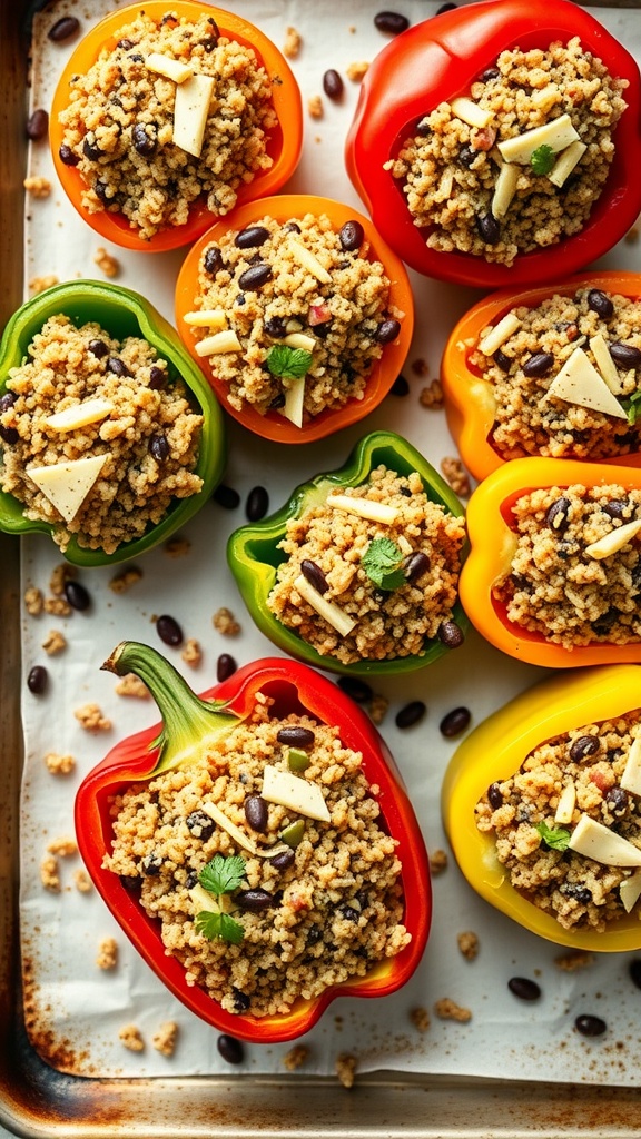 Colorful stuffed bell peppers filled with quinoa, black beans, and spices.