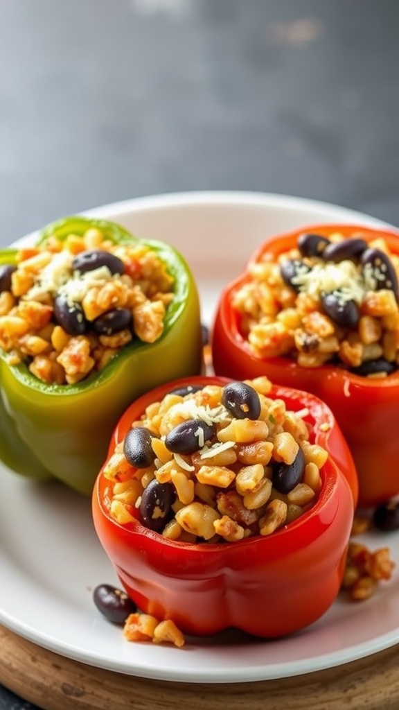Stuffed bell peppers filled with a colorful mixture of grains, beans, and vegetables