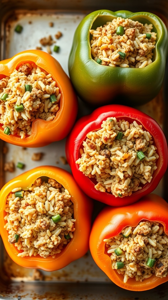 Colorful stuffed bell peppers with a savory rice and meat filling