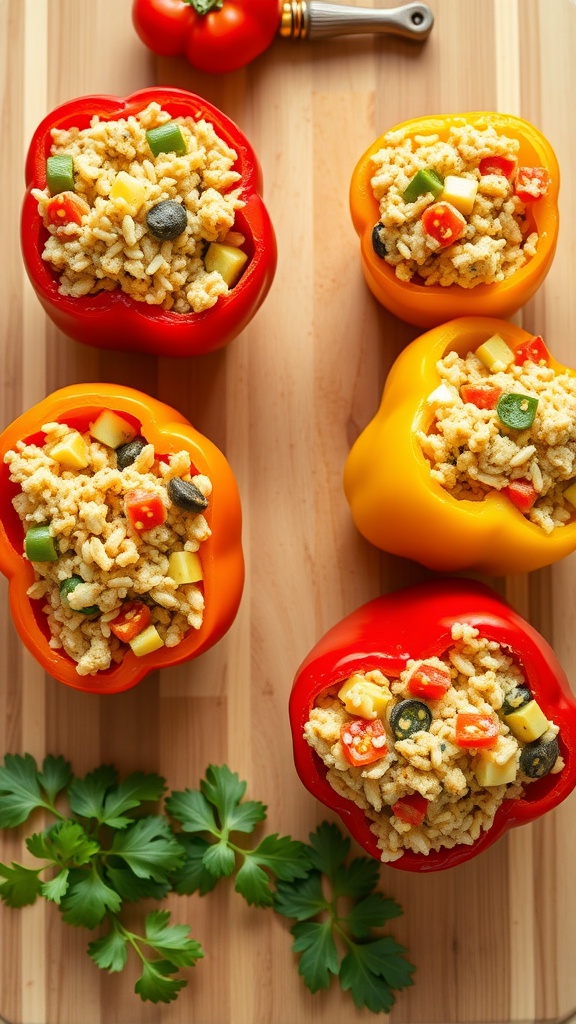 Colorful stuffed bell peppers filled with rice and vegetables on a wooden surface.