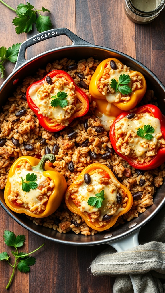 Stuffed bell peppers in a skillet with rice and beans