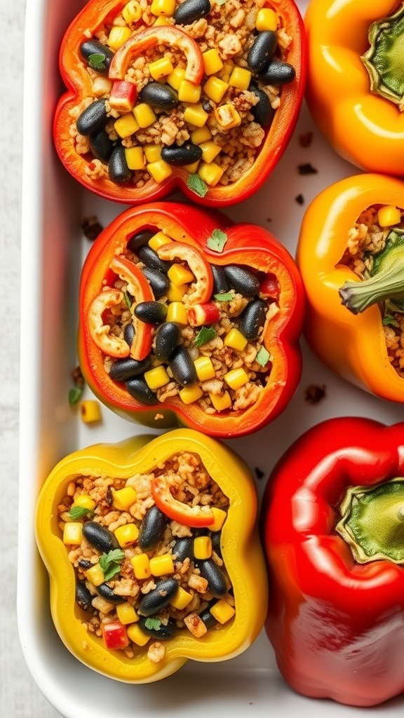 Stuffed bell peppers filled with black beans, rice, and corn, arranged in a white dish.