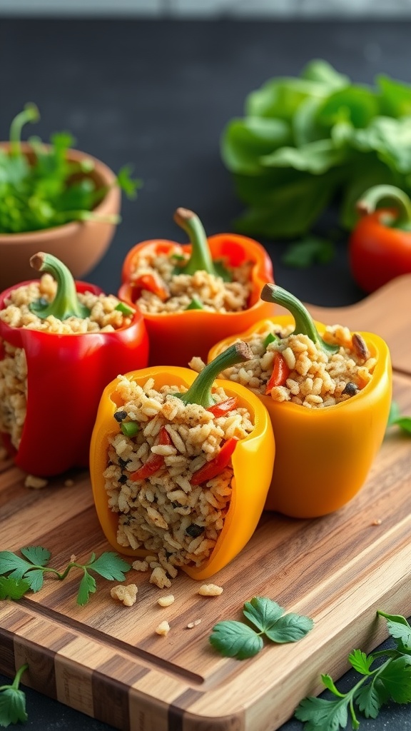 Stuffed bell peppers filled with brown rice and vegetables on a wooden cutting board.