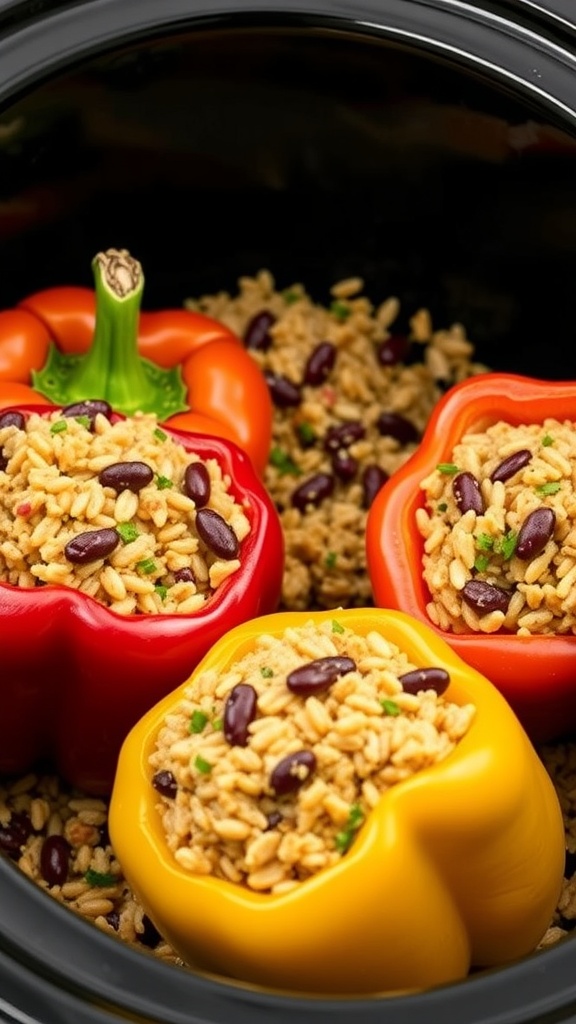 Stuffed bell peppers filled with brown rice and black beans in a slow cooker.