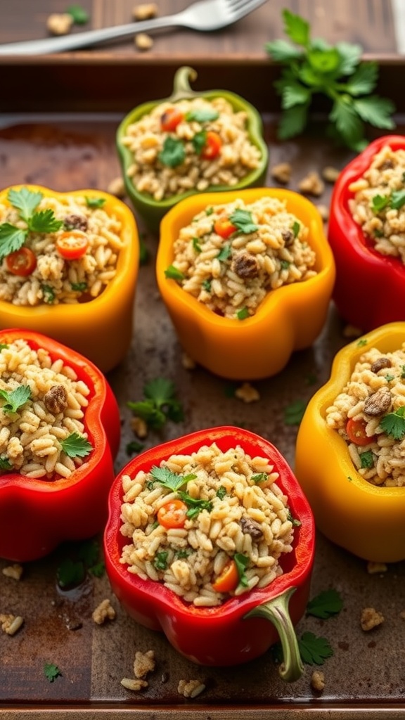 Colorful stuffed bell peppers filled with brown rice, beans, and vegetables.