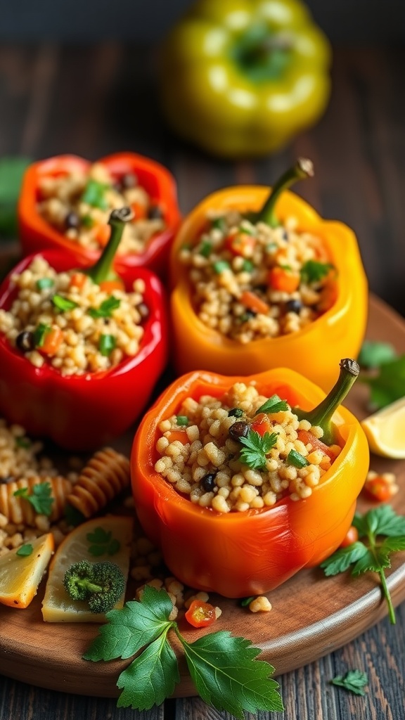 Stuffed bell peppers filled with couscous and colorful vegetables on a wooden plate.