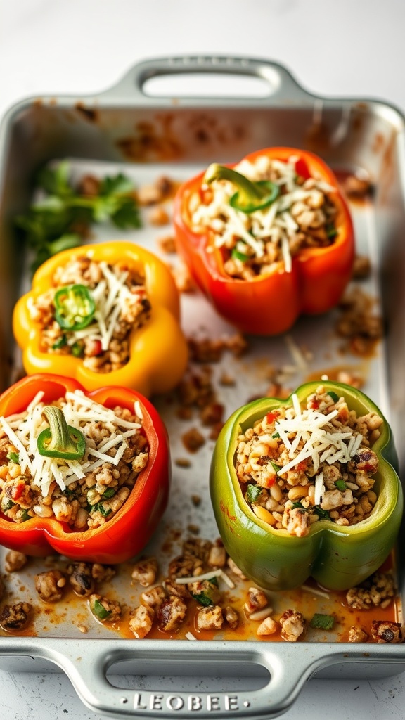 Stuffed bell peppers filled with grains and topped with cheese.