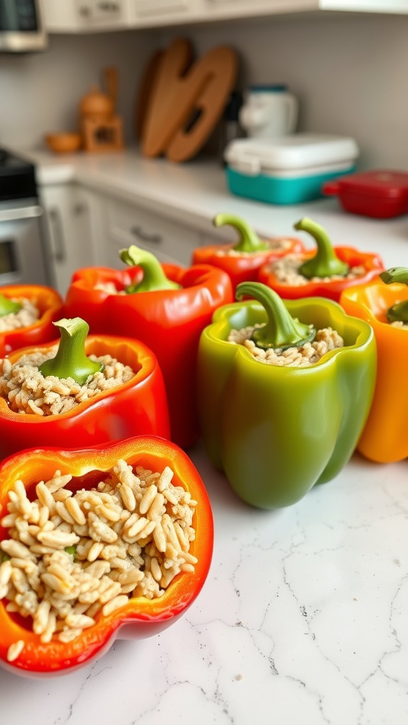 Stuffed bell peppers filled with ground turkey and rice, colorful and ready to bake.