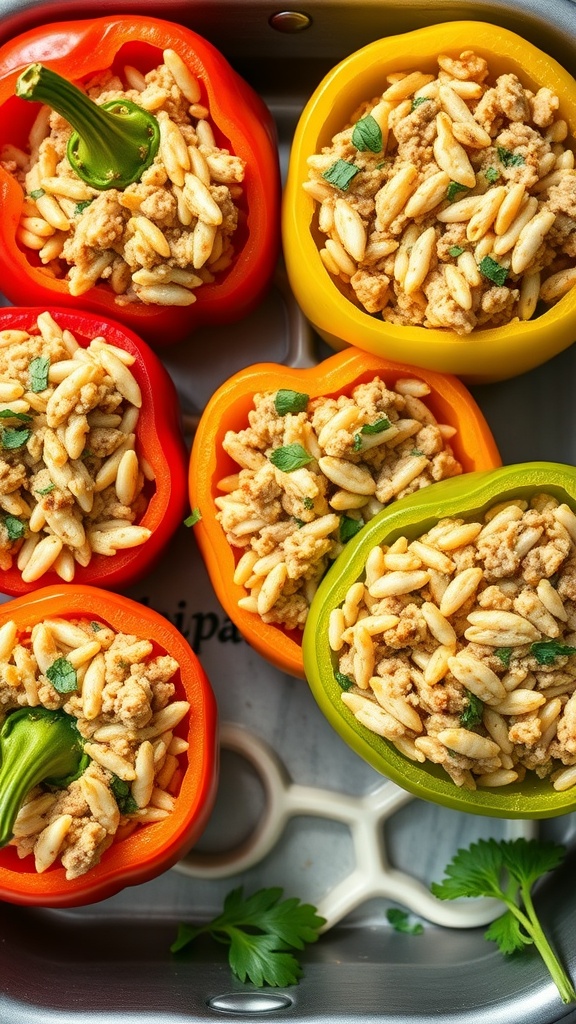 Stuffed bell peppers filled with ground turkey and orzo, colorful and ready to eat.