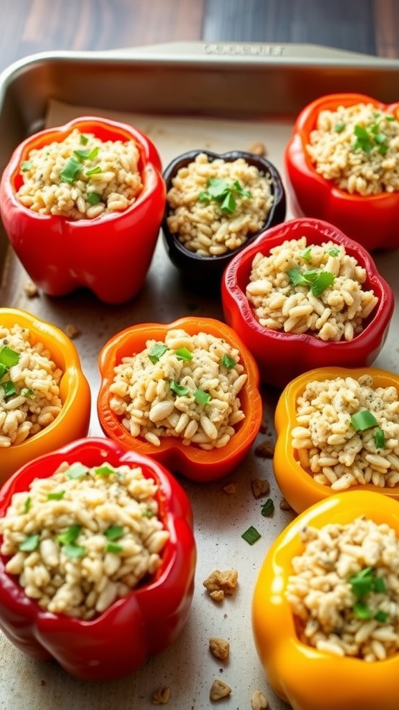 Stuffed bell peppers filled with ground turkey and rice, topped with cheese, arranged on a baking tray.