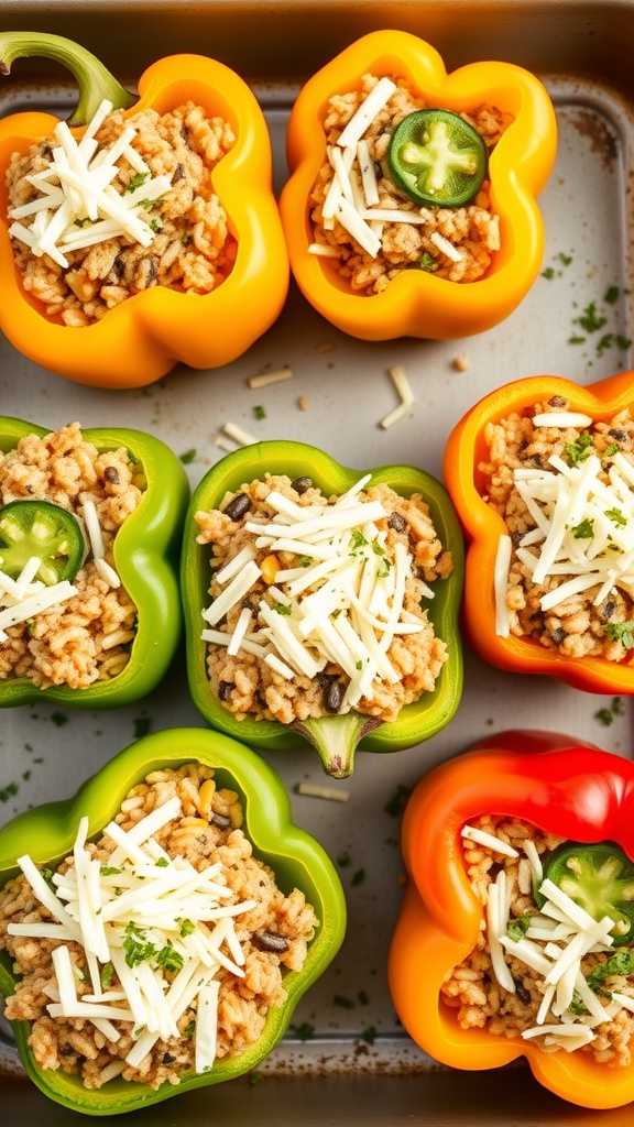 Colorful stuffed bell peppers filled with ground turkey and rice, topped with cheese and jalapeño slices.