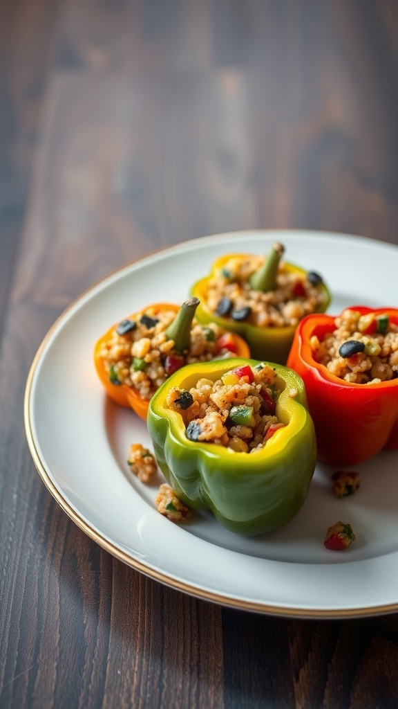 Colorful stuffed bell peppers filled with quinoa and vegetables on a plate.