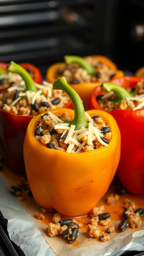 Stuffed bell peppers filled with quinoa and black beans, garnished with cheese.