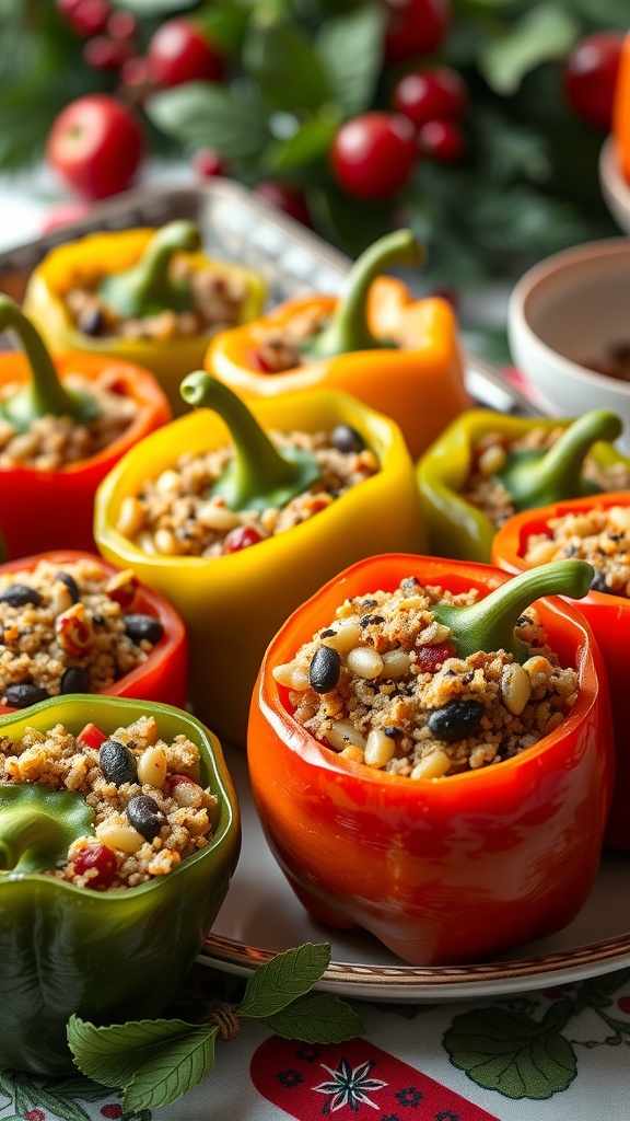 Stuffed bell peppers filled with quinoa, beans, and spices, showcasing vibrant colors.