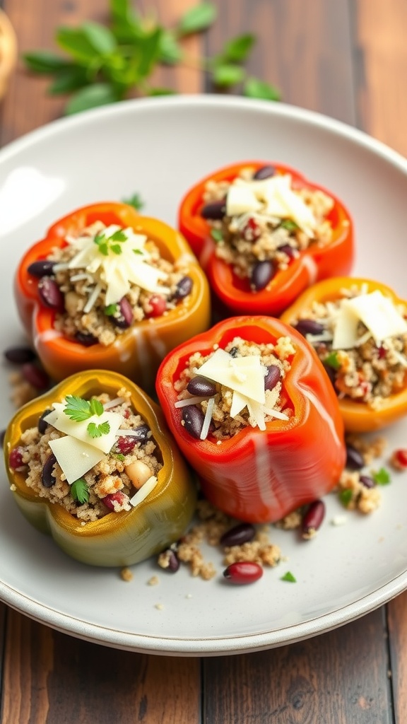Stuffed bell peppers filled with quinoa, beans, and topped with cheese, arranged on a plate.